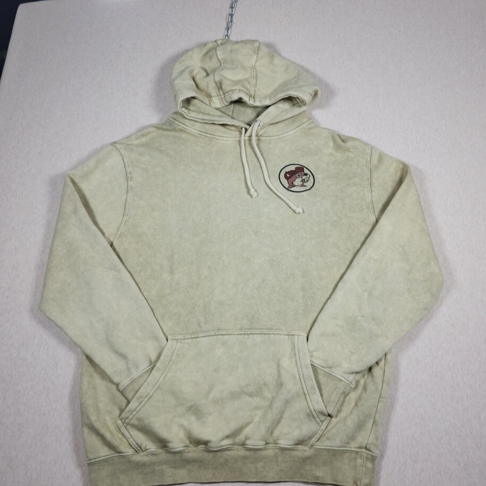 Buc-ees Acid Wash Flag Graphic Hoodie Mens L Sage Green Beaver Logo Gorpcore